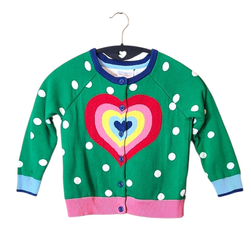 Hanna Andersson Girls Rainbow Heart Polka Dot Green Cardigan Size 5T